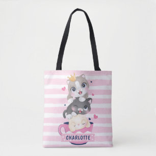 Bolso De Tela Gatos de dibujos animados lindos apilados rayas ro