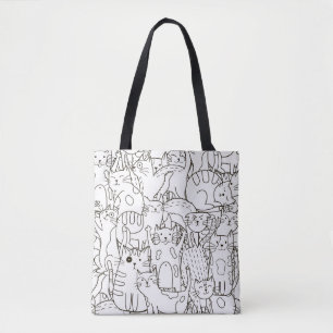 Bolso De Tela Gatos Doodle: blanco y negro.