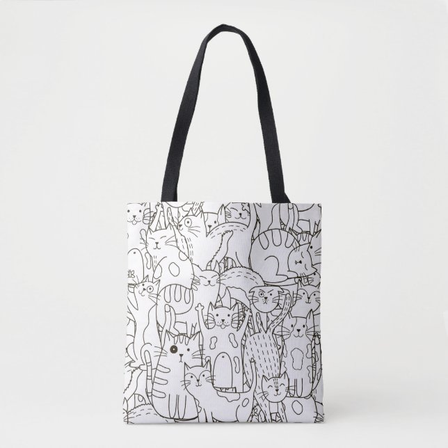 Bolso De Tela Gatos Doodle: blanco y negro. (Anverso)