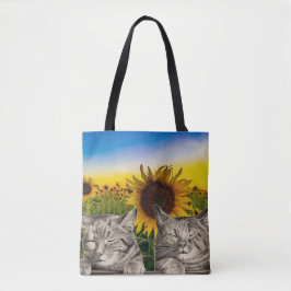 Bolso De Tela Gatos dormilones en un campo de girasoles