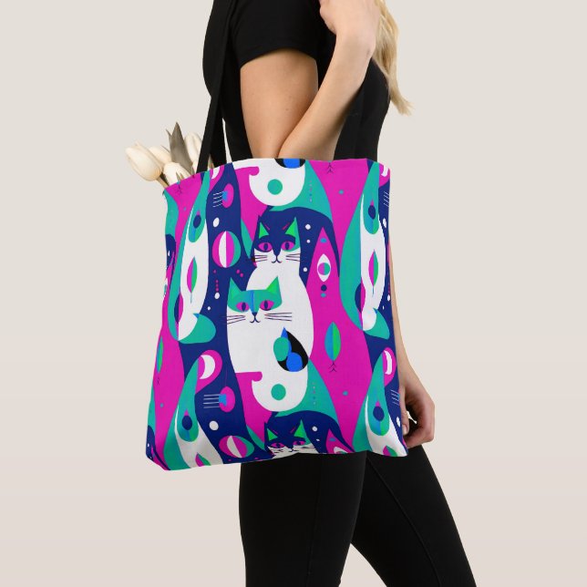 Bolso De Tela Gatos modernos de mediados de siglo con un fondo a (Detalle)