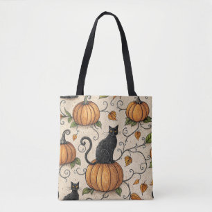 Bolso De Tela Gatos Negros y Calabazas Patrón de Halloween