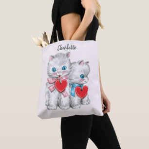 Bolso De Tela Gatos retro del día de San Valentín, gatito vintag