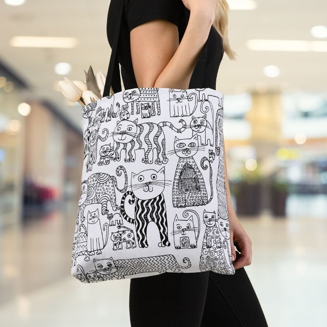 Bolso De Tela Gatos y gatitos modernos, negros y blancos (Modern Black and White Cats And Kittens Patterned Tote Bag)