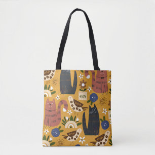 Bolso De Tela Gatos y pájaros vintage, mano arrastrada.