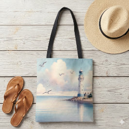 Bolso De Tela Gaviotas de faro costero Serenidad de cielo pastel