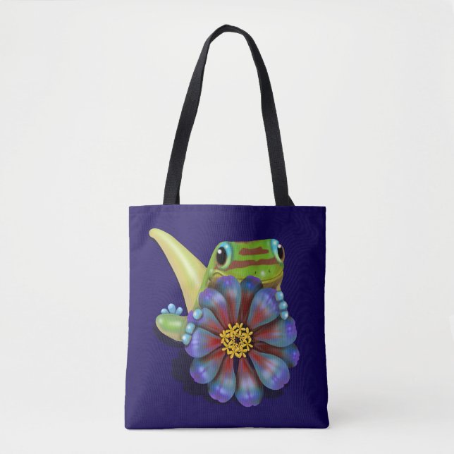 Bolso De Tela Gecko con flores de zinnia (Anverso)