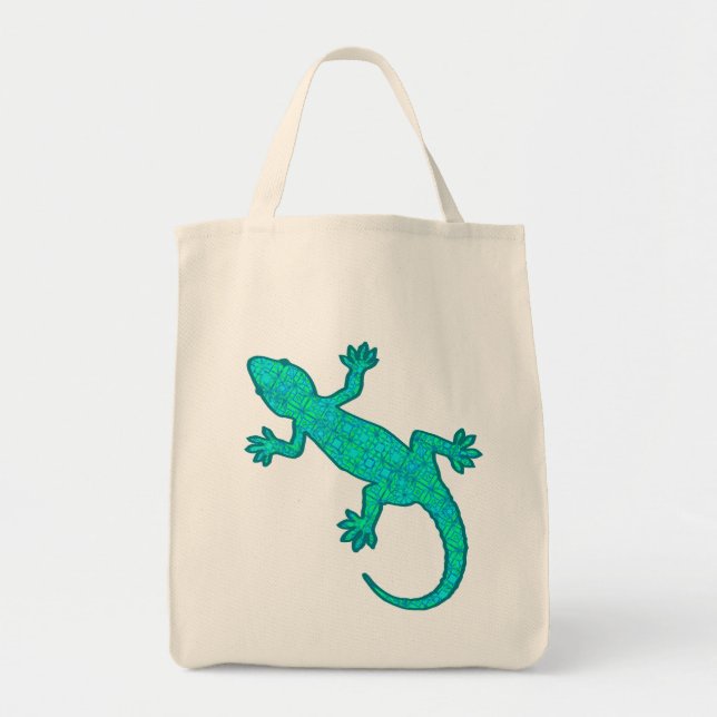 Bolso De Tela Gecko Tribal Batik - Turquesa y Aqua (Frente)