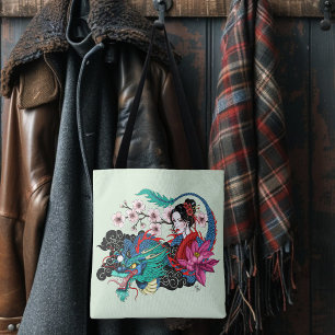 Bolso De Tela Geisha asiática Dragón Flor de Cerezo Azul