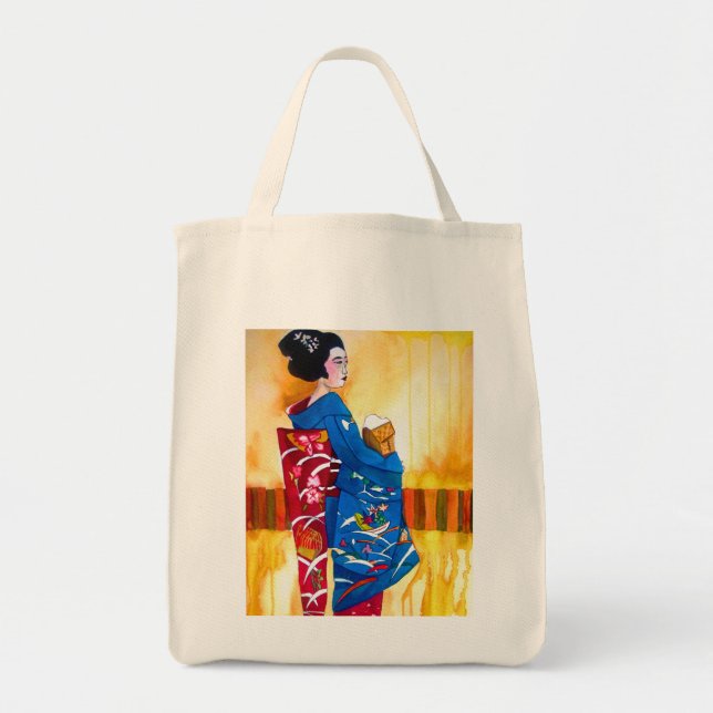 Bolso De Tela Geisha japonesa con kimono azul (Frente)