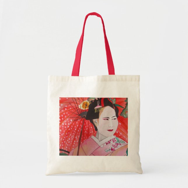 Bolso De Tela Geisha japonesa con paraguas rojos arte original (Frente)