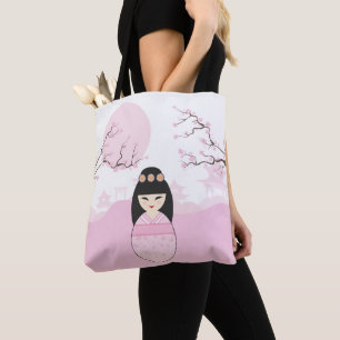 Bolso De Tela Geisha Kokeshi Doll on Typical Japanese Landscape