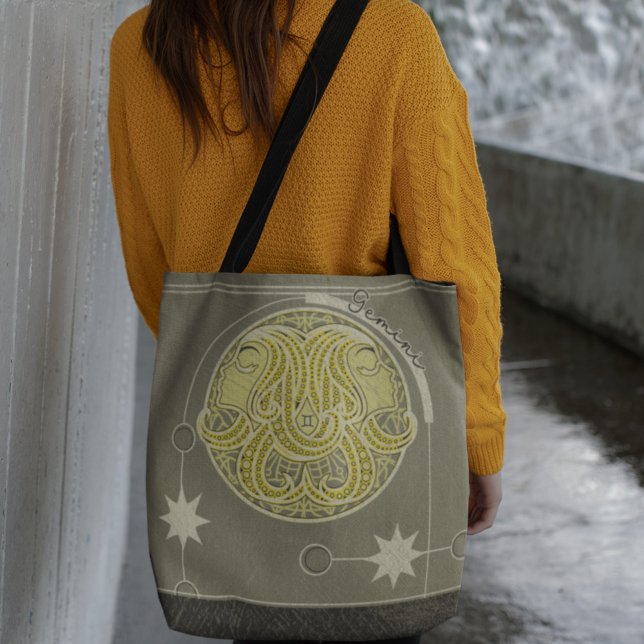 Bolso De Tela Gemini Zodiac Rótulo Gris blanco amarillo Mandala (Subido por el creador)