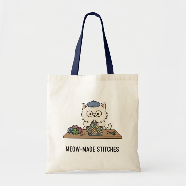 Bolso De Tela Genius Cat Knitting "Meow-Made" Present Design (Frente)