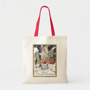 Bolso De Tela Gente Victoriana de Navidad Antigua yendo a la Igl