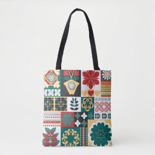 Bolso De Tela Geométrica Mexicana: Ornamento Verde Rojo.