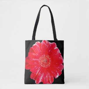 Bolso De Tela Gerbera Daisy Roja Moderna en Tote de Hombro Negro