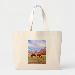 Bolso De Tela Gigante 2 Caballos marrones en un campo de colores
