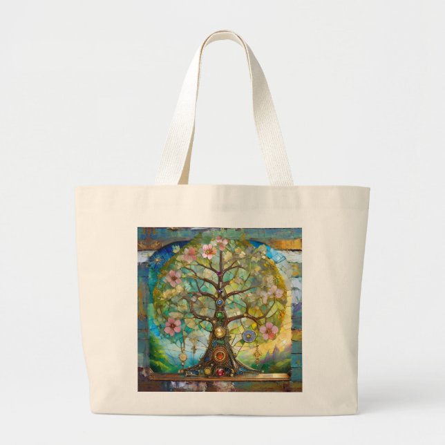 Bolso De Tela Gigante 7 Chakra Blossoming Tree Of Life (Frente)