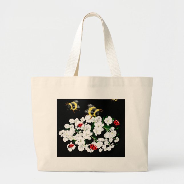 Bolso De Tela Gigante Abejas dramáticas ladybugs y flores blancas en neg (Frente)