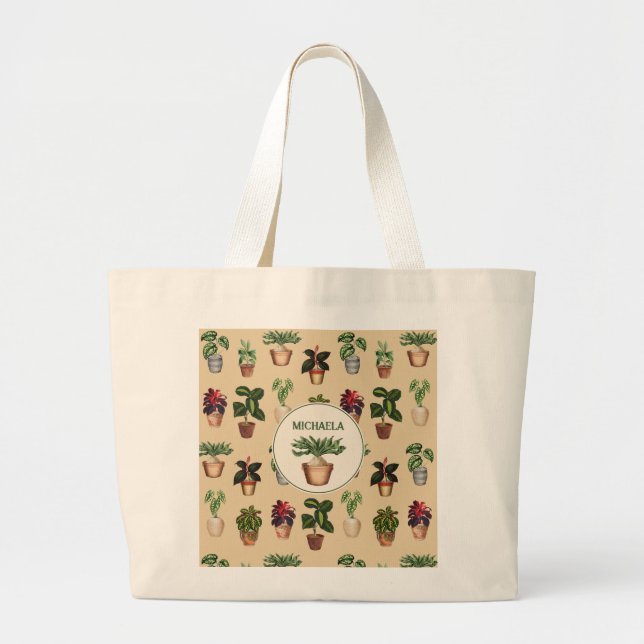 Bolso De Tela Gigante Acuarela Plantas Potadas Terracotta Nombre de olla (Frente)
