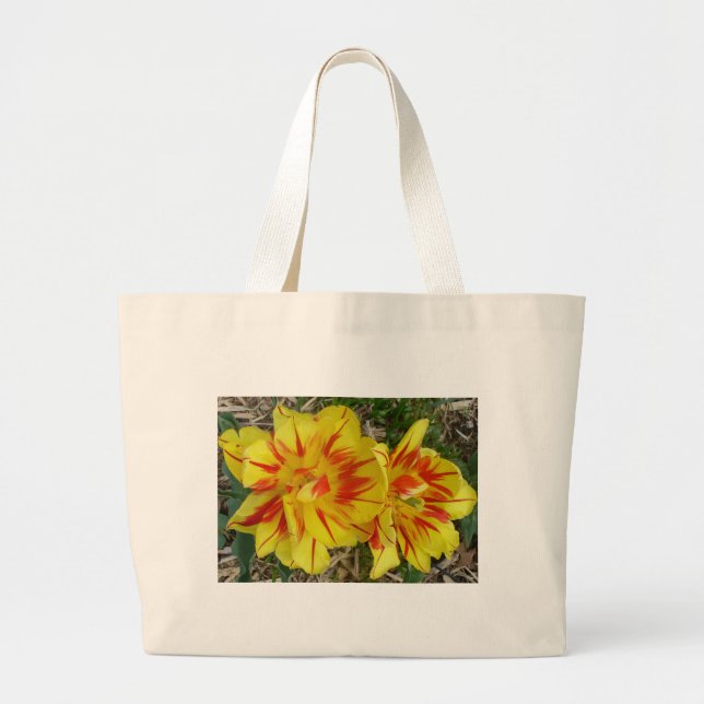 Bolso De Tela Gigante Amarillo con flor de rayas rojas (Frente)