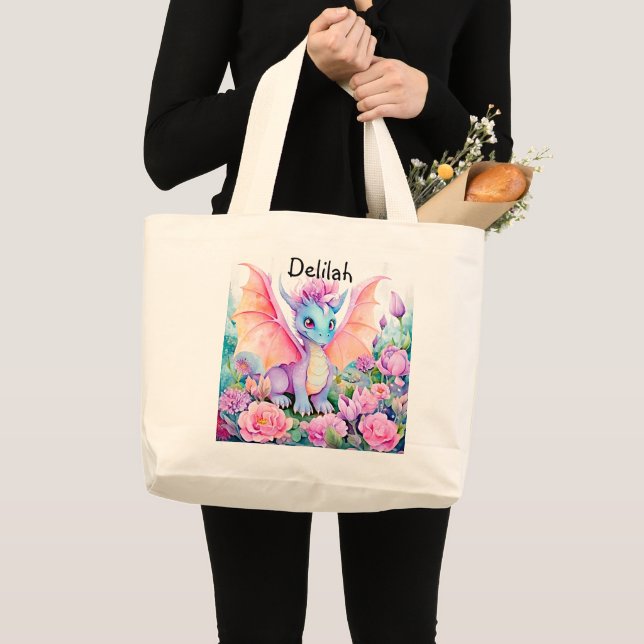 Bolso De Tela Gigante Añadir nombre - Bebé dragón Wings & Flowers (Anverso (producto))