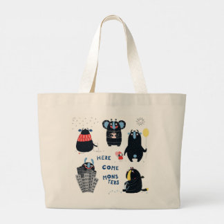 BOLSO DE TELA GIGANTE AQUÍ VIENEN MONSTRUOS PERSONALIZADOS TOTE BAG