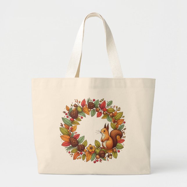 Bolso De Tela Gigante ardilla feliz en hojas de otoño (Frente)