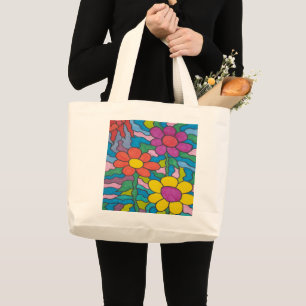 Bolso De Tela Gigante Arte retro de flores hippie