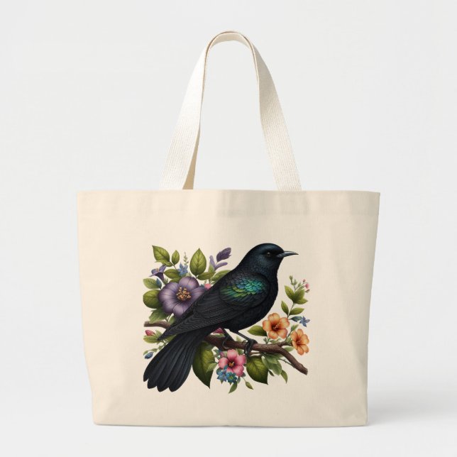 Bolso De Tela Gigante Ave negra encantadora con flores en flor (Frente)
