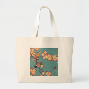 Bolso De Tela Gigante Aves y flores arte japonés floral rosa