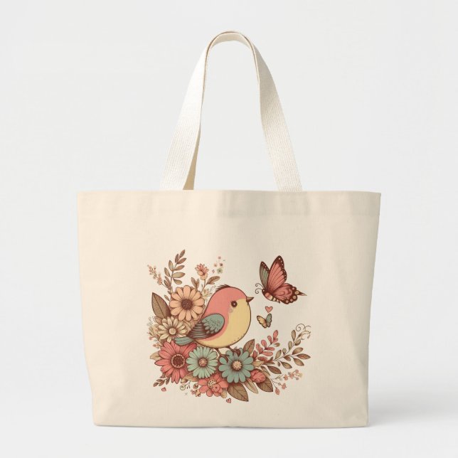 Bolso De Tela Gigante Aves y mariposas (Frente)