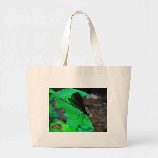 Bolso De Tela Gigante Azul de Damselfly sobre una hoja verde. (Frente)