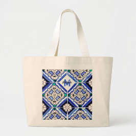 Bolso De Tela Gigante Azulejo Patrón Español Mosaicos Naval Monograma Bl