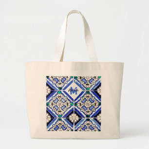 Bolso De Tela Gigante Azulejo Patrón Español Mosaicos Naval Monograma Bl