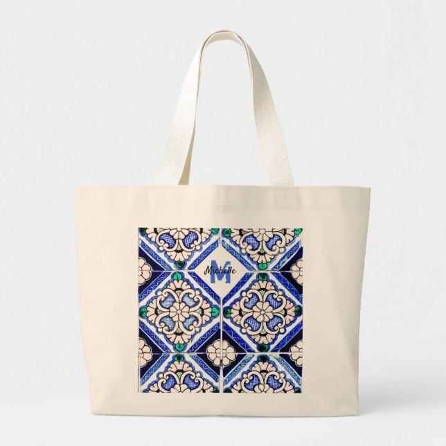 Bolso De Tela Gigante Azulejo Patrón Español Mosaicos Naval Monograma Bl (Frente)