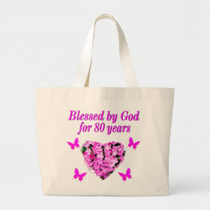 BOLSO DE TELA GIGANTE BENDECIDIDO POR DIOS DURANTE 80 AÑOS DISEÑO FLORAL
