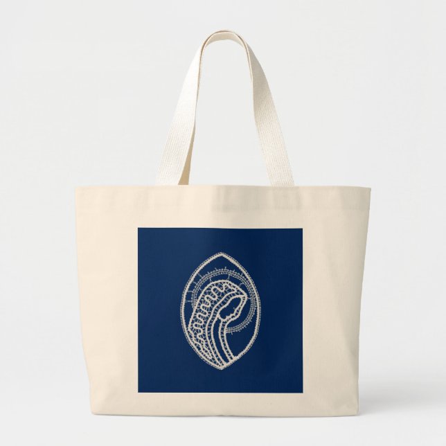 Bolso De Tela Gigante Bendita Virgen María, encaje blanco, azul marino (Frente)