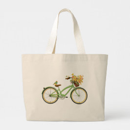 Bolso De Tela Gigante Bicicleta con canasta de flores y pájaro verde ama