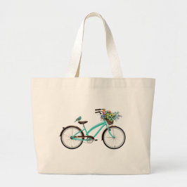 Bolso De Tela Gigante Bicicleta con canasta de pájaro y flores azul turq