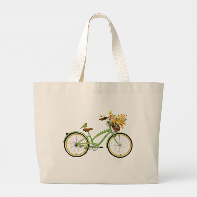 Bolso De Tela Gigante Bicycle With Bird and Flower Basket Green Yellow (Reverso)