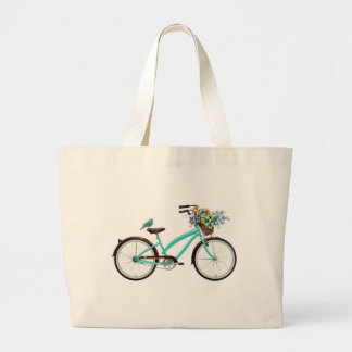 Bolso De Tela Gigante Bicycle With Bird and Flower Basket Turquoise Blue