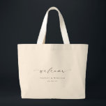 Bolso De Tela Gigante Bienvenida a Ellesmere Boda<br><div class="desc">Bienvenido a su boda con el tote del boda Ellesmere. Esta bolsa de bienvenida boda presenta un diseño minimalista con un encabezado caligráfico de guion. Los nombres y la fecha se pueden personalizar para que se ajusten a su boda, sin embargo, el encabezado del guión es una imagen que no...</div>
