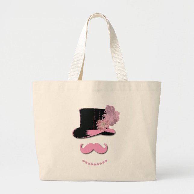 Bolso De Tela Gigante Bigote, sombrero de copa, plumas, y flor rosados (Frente)