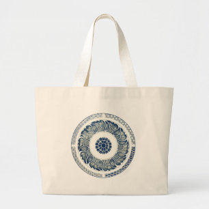 Bolso De Tela Gigante Blanco Azul Floral Chino Redondo