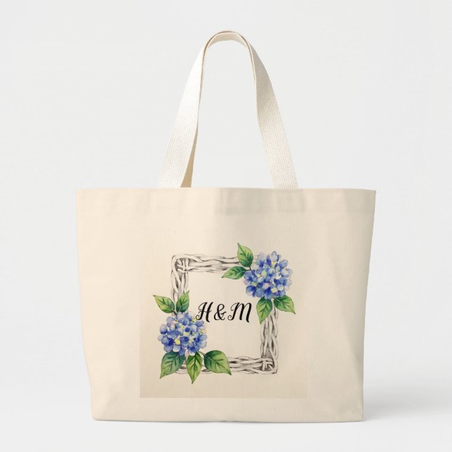 Bolso De Tela Gigante Blue Hydrangea Border Customized (Frente)