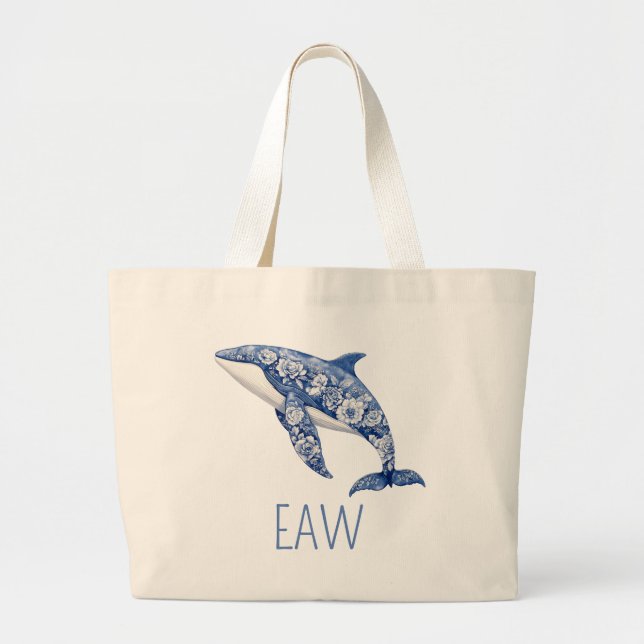 Bolso De Tela Gigante Blue Toile Floral Beach Dolphin Personalizado (Frente)