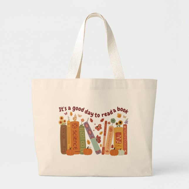 Bolso De Tela Gigante Bookish book Lovers, OrangePumpkin and Fall Leaves (Frente)
