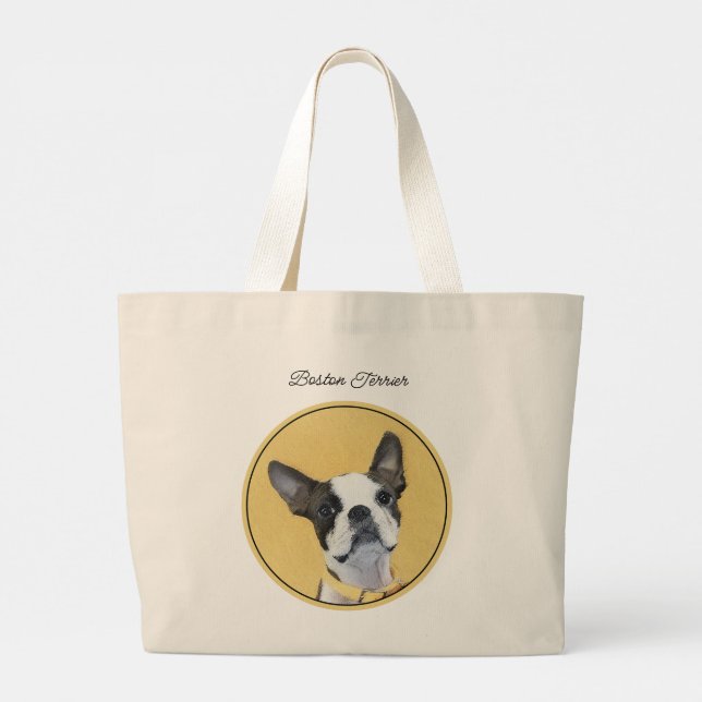 Bolso De Tela Gigante Boston Terrier Black and White Painting Dog Art (Reverso)